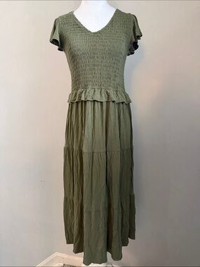 Maurices Olive Green Smocked V-Neck Maxi Dress Sz Medium